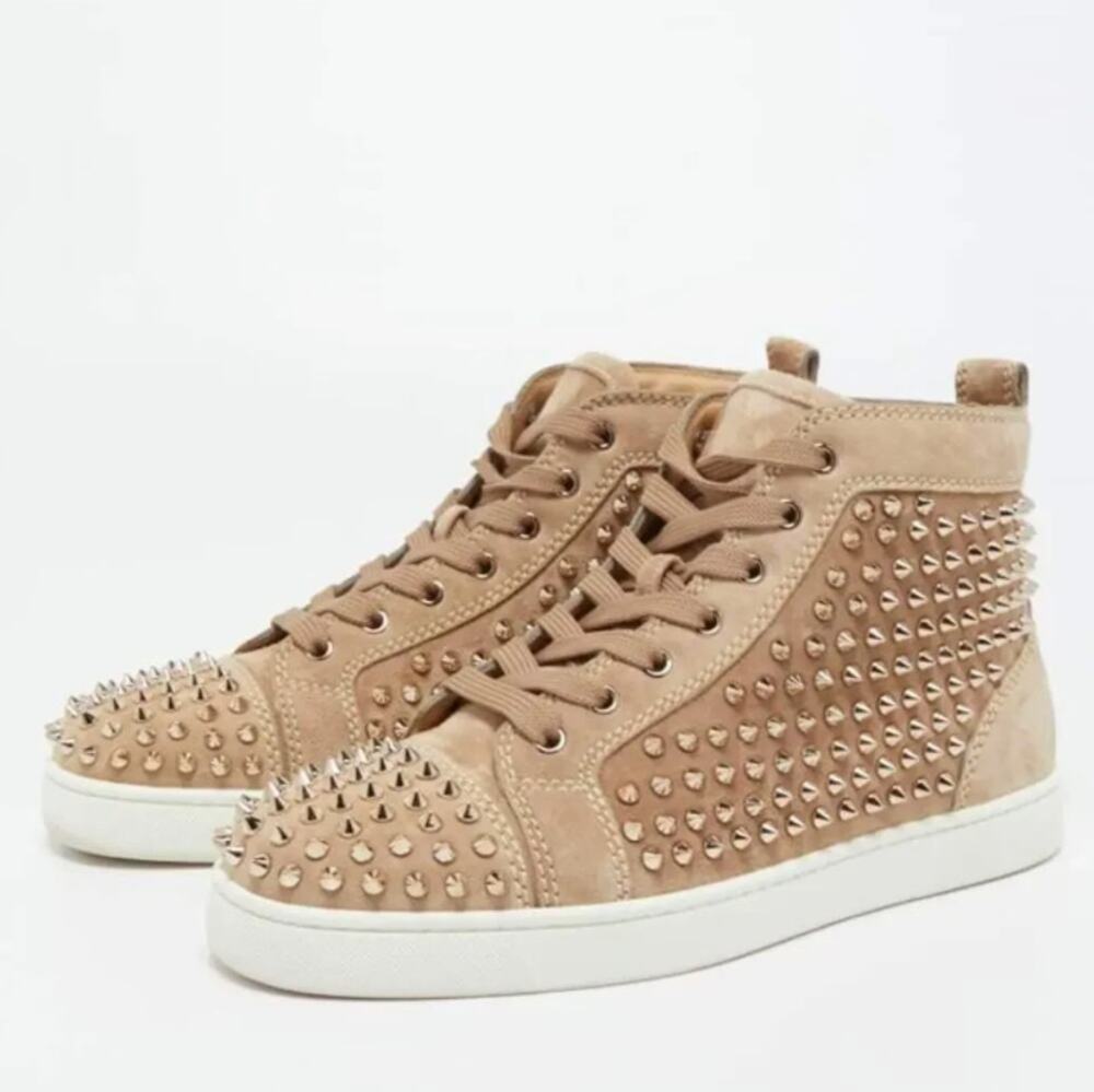 CHRISTIAN LOUBOUTIN Louis High Top Spike Sneakers Suede Tan Sz 45/US 12 $1295
